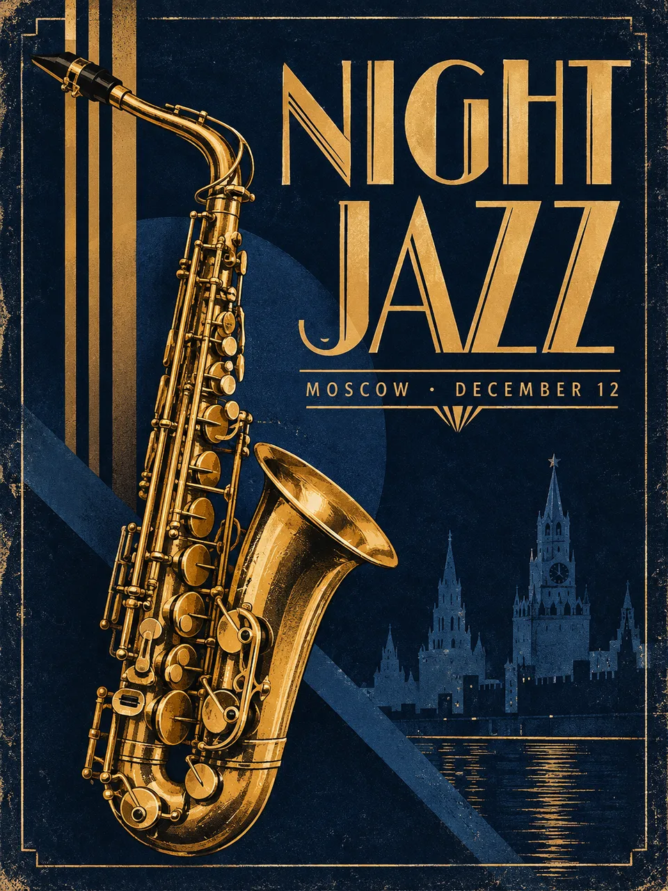 Джазовый постер в стиле ар-деко с золотым саксофоном и заголовком NIGHT JAZZ, созданный GPT Image 2.5