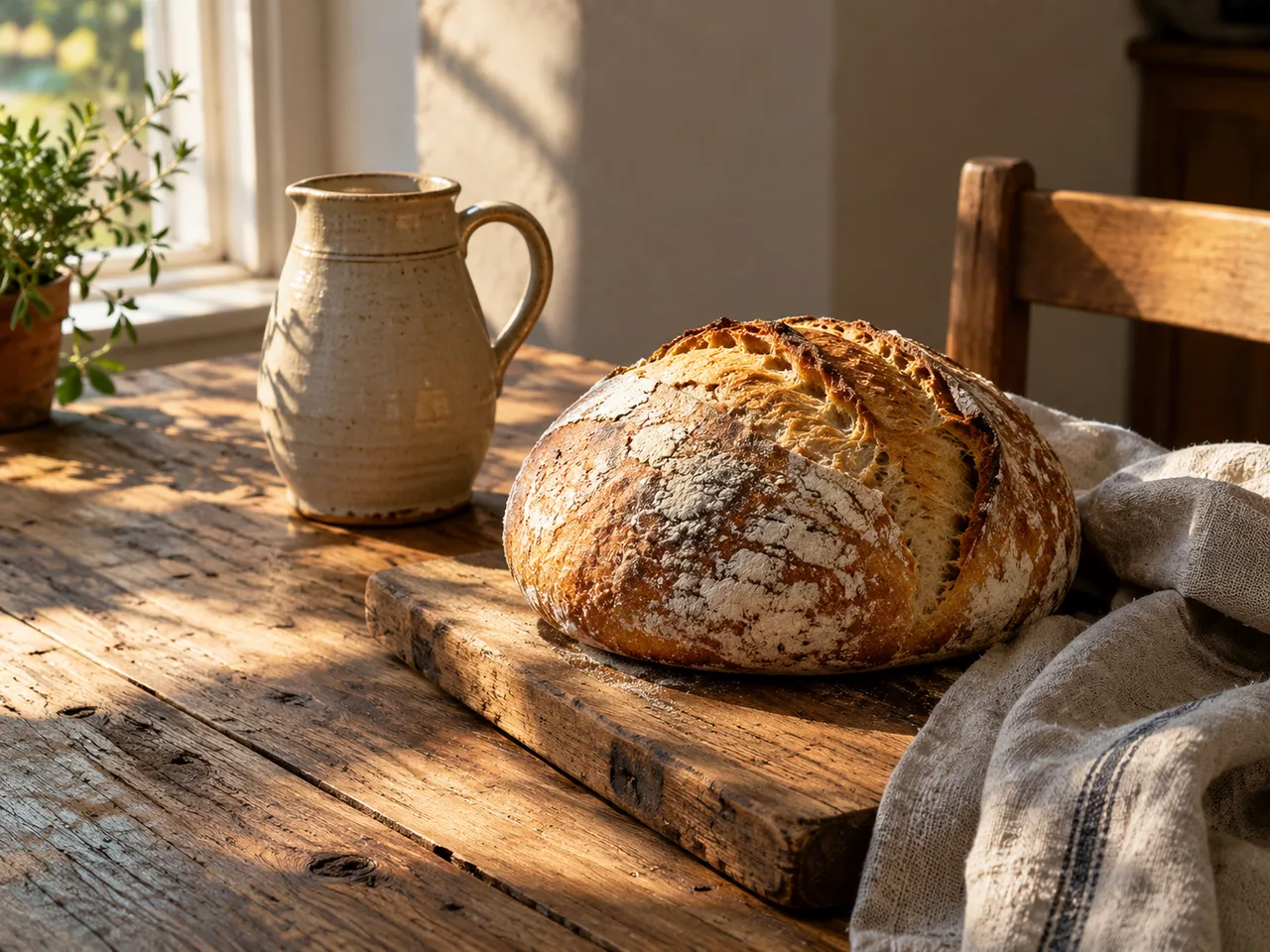 Хлеб на закваске, льняная ткань и глиняный кувшин на деревянном столе в лучах дневного солнца, созданные GPT Image 2.5